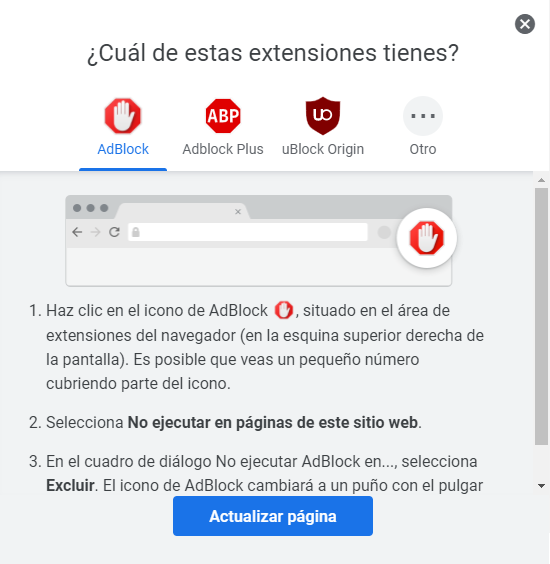 Solicitud de desactivar Adblock en una página web