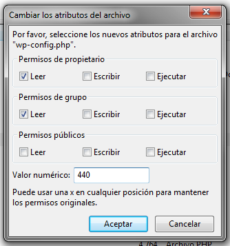 Ejemplo de editar los permisos de wp-config.php de WordPress